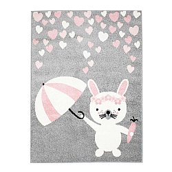 BARNETEPPE Teppe til barnerom for gutt jente med dyr Bubble Rain grå Kanin med paraply