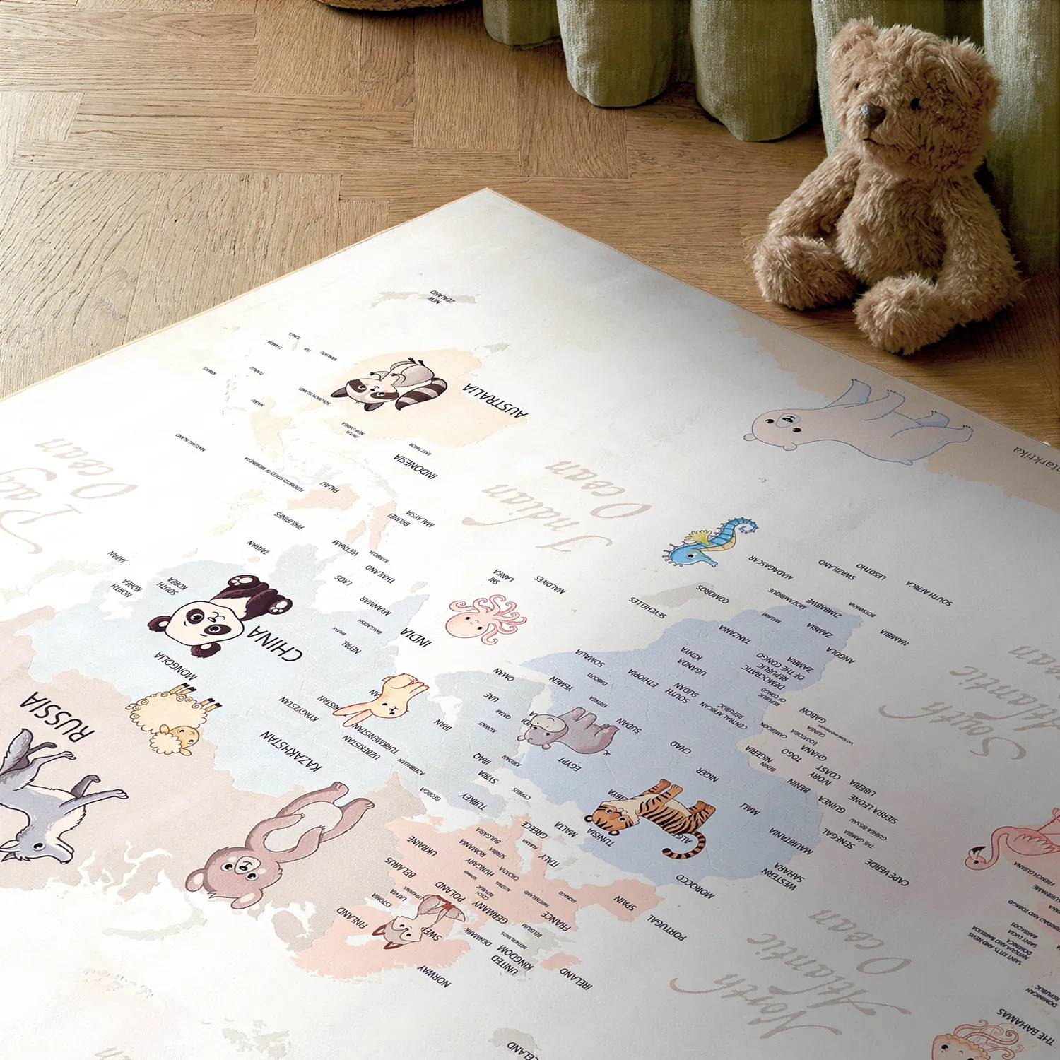Barneteppe - Animal Map (beige)