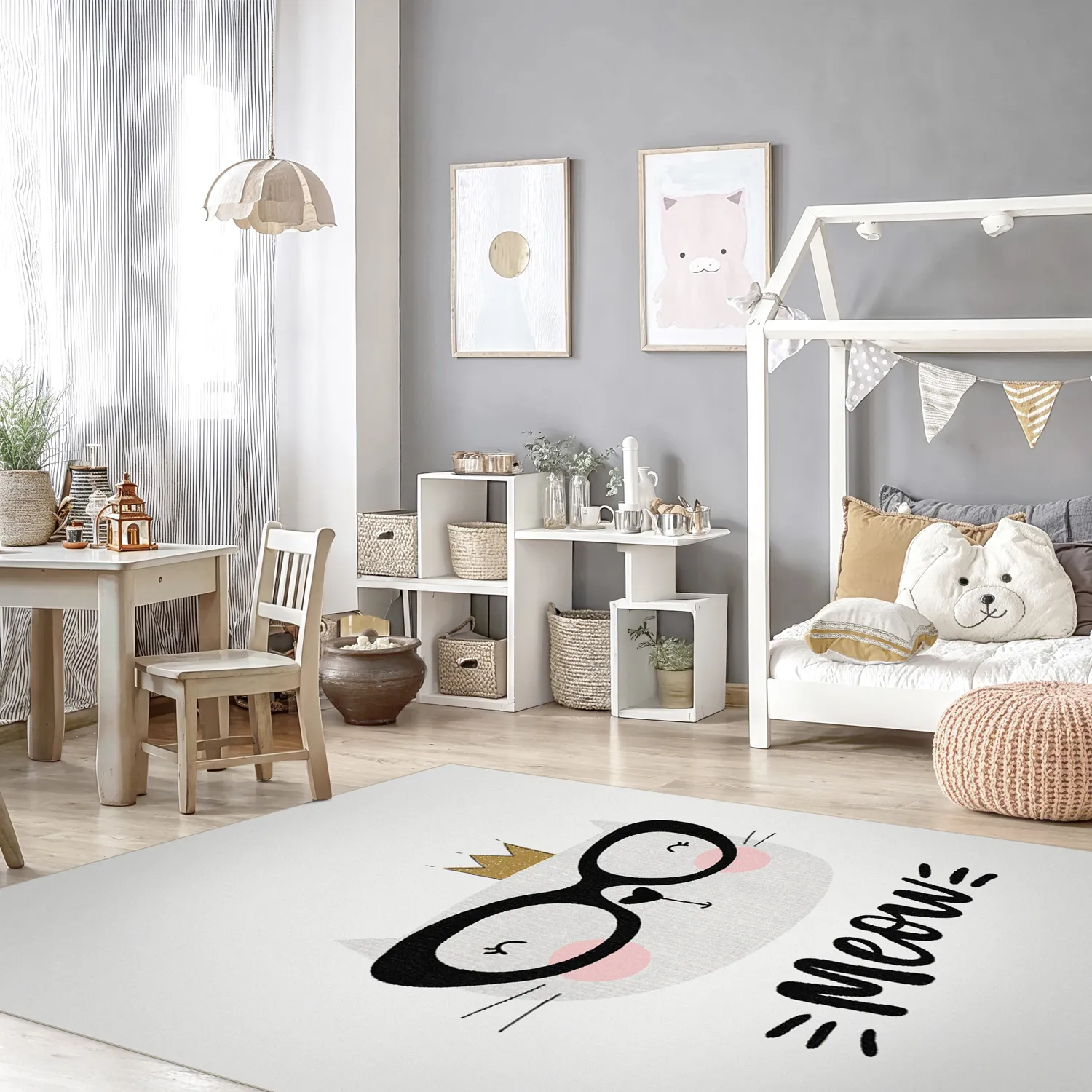 Barneteppe - Reading Cat (hvit)