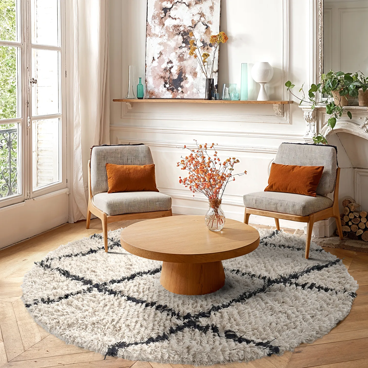 Rundt teppe - Alcott Natural Cotton Shaggy (svart/hvitt)