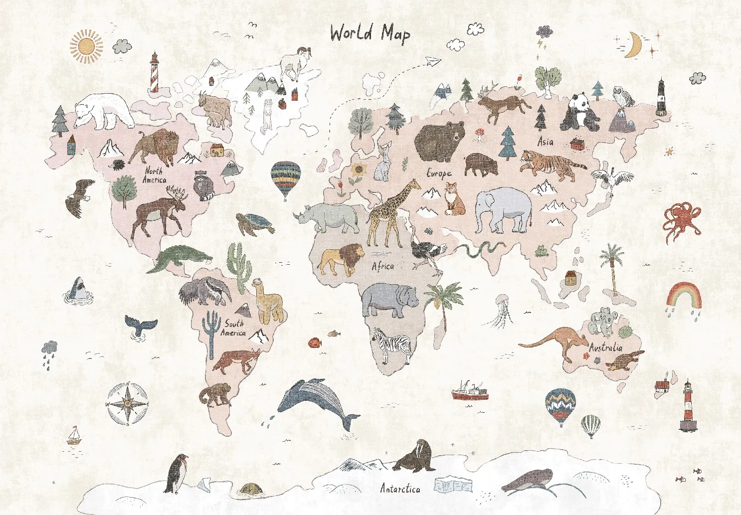 Barneteppe - Kids World Map (beige)