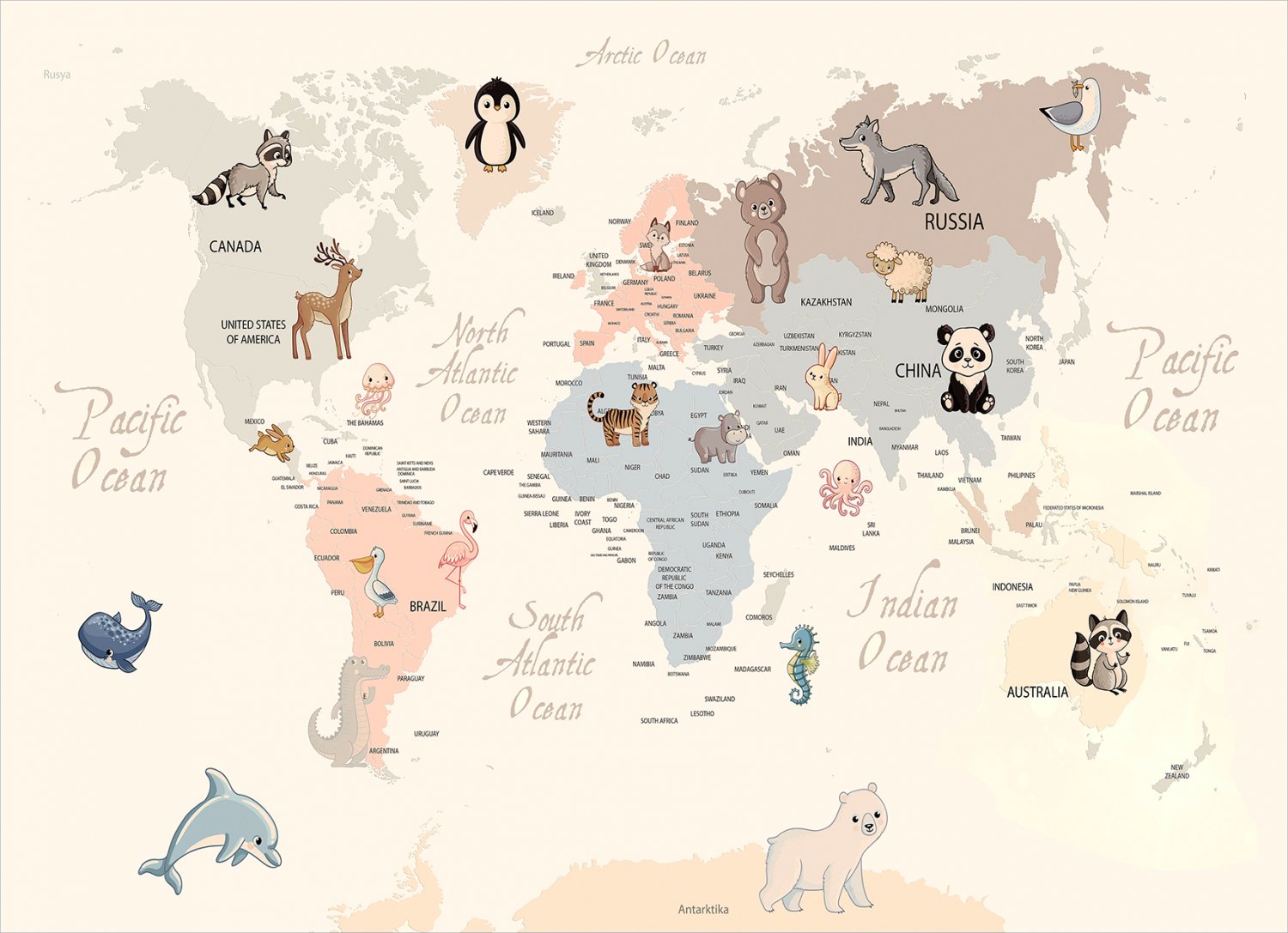 Barneteppe - Animal Map (beige)