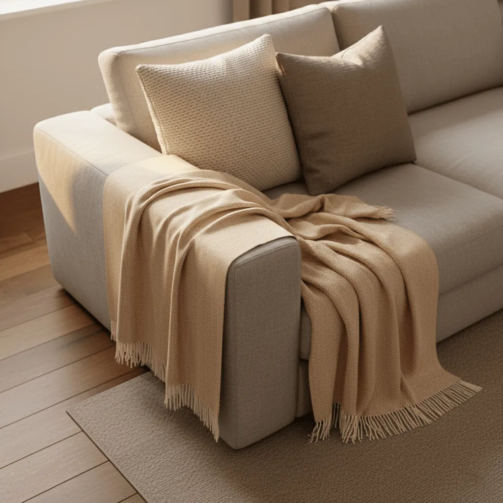 Tepper - Bomullspledd - Denisa Fishbone (beige/hvit)