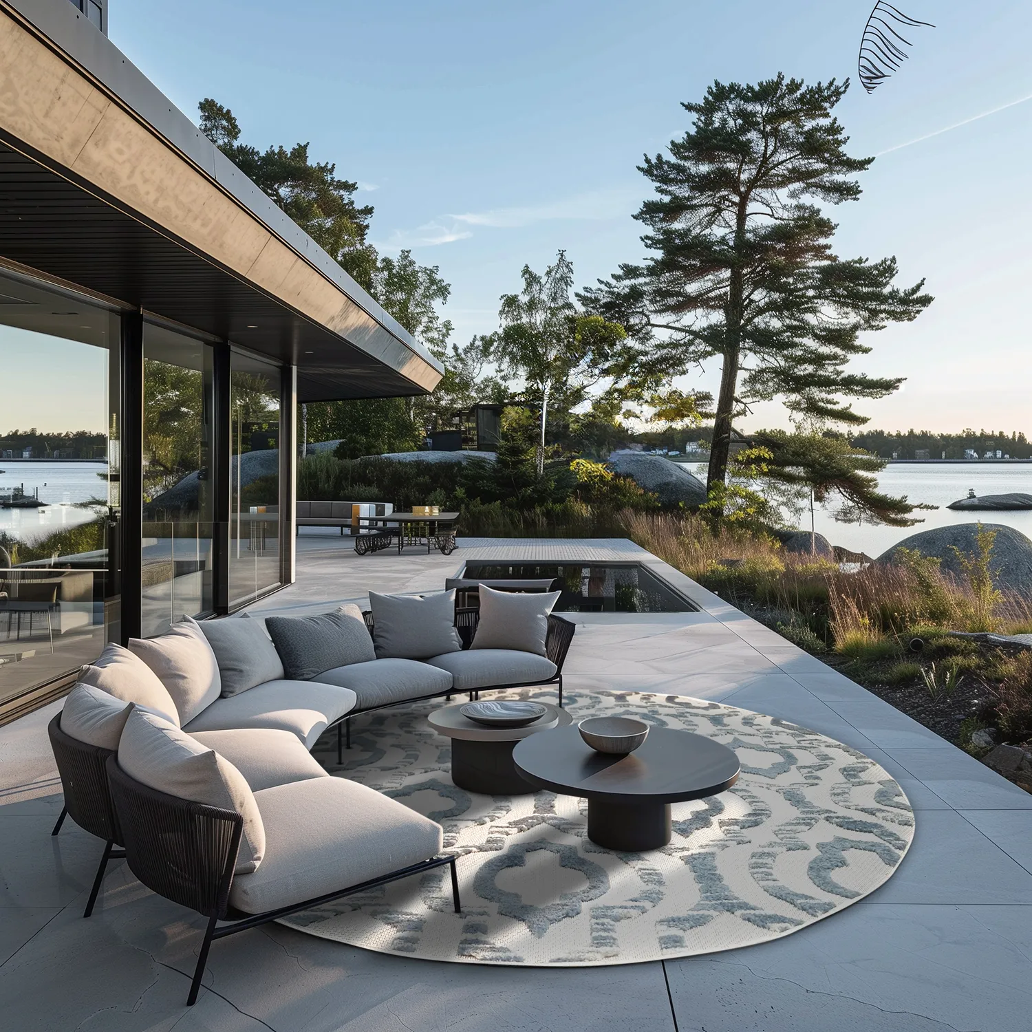 Runde tepper - Indoor/Outdoor Trenton (hvit/blå)