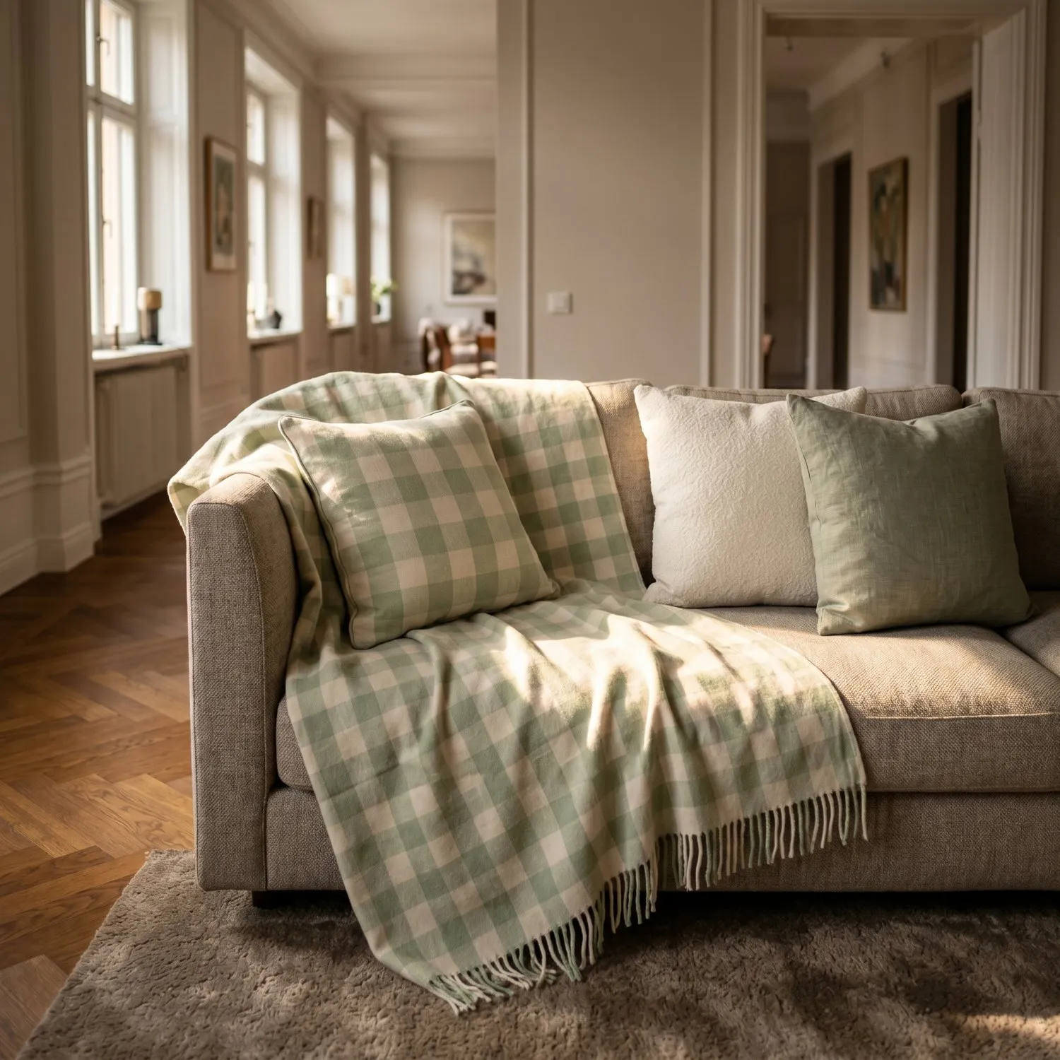 Putetrekk - Isela check cotton cushion cover (krem/lys grønn)