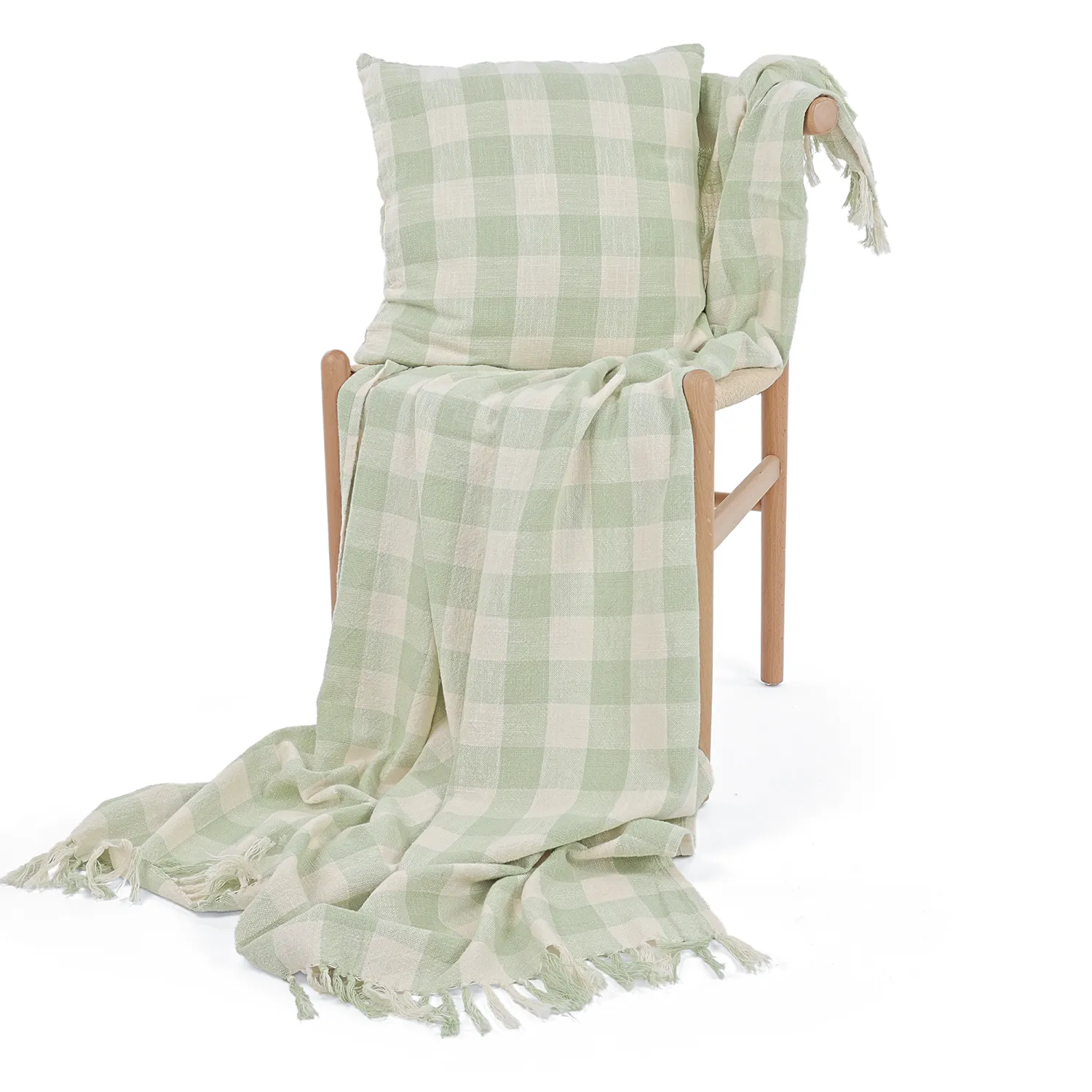 Putetrekk - Isela check cotton cushion cover (krem/lys grønn)