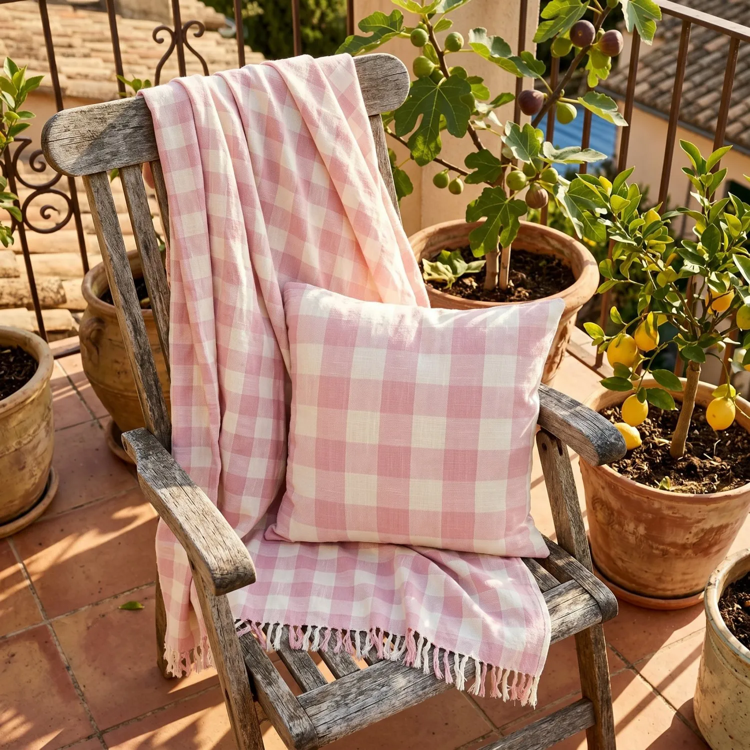 Putetrekk - Isela check cotton cushion cover (krem/rosa)