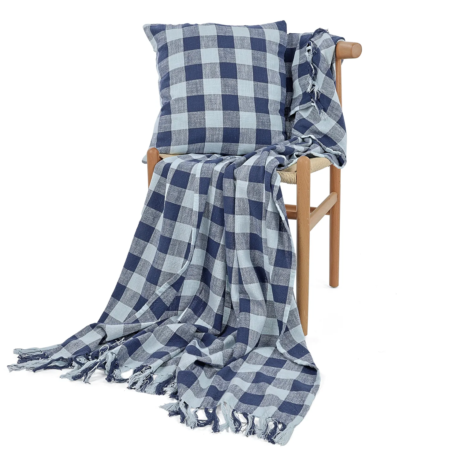 Pledd - Isela check cotton throw (marineblå/lyseblå)