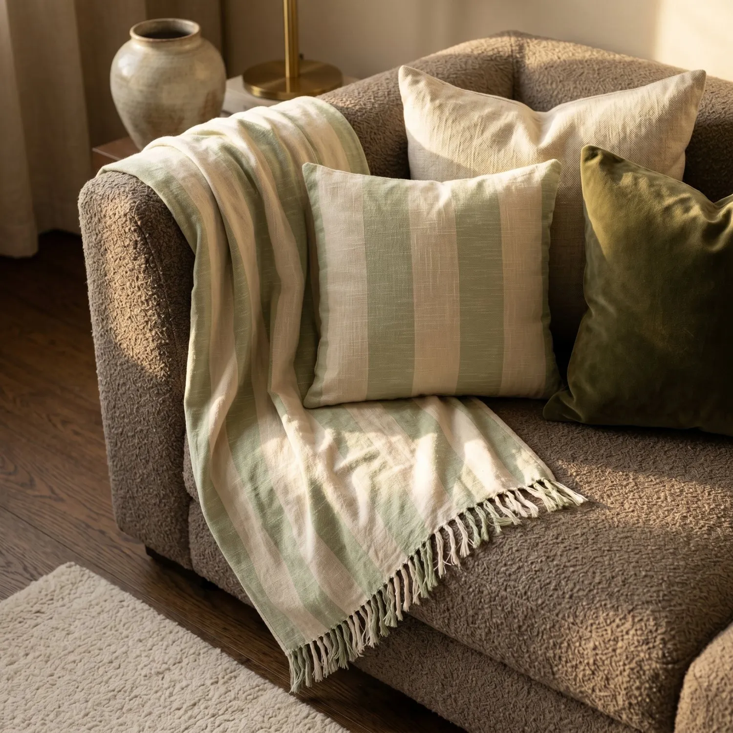 Putetrekk - Kora stripe cotton cushion cover (krem/lys grønn)