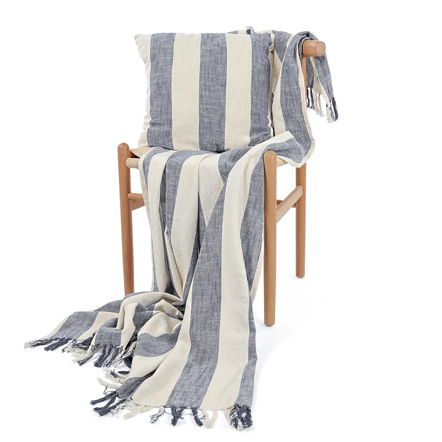 Putetrekk - Kora stripe cotton cushion cover (krem/marineblå)