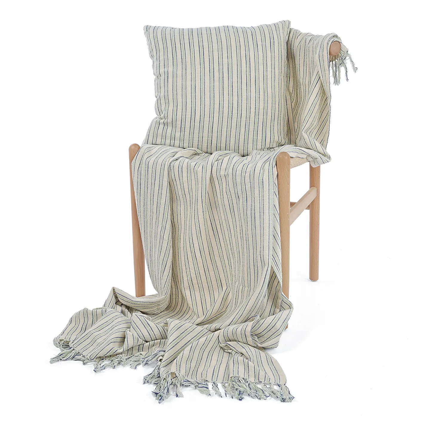 Putetrekk - Rumi stripe cotton cushion cover (kremfarget/marineblå/lys grønn)