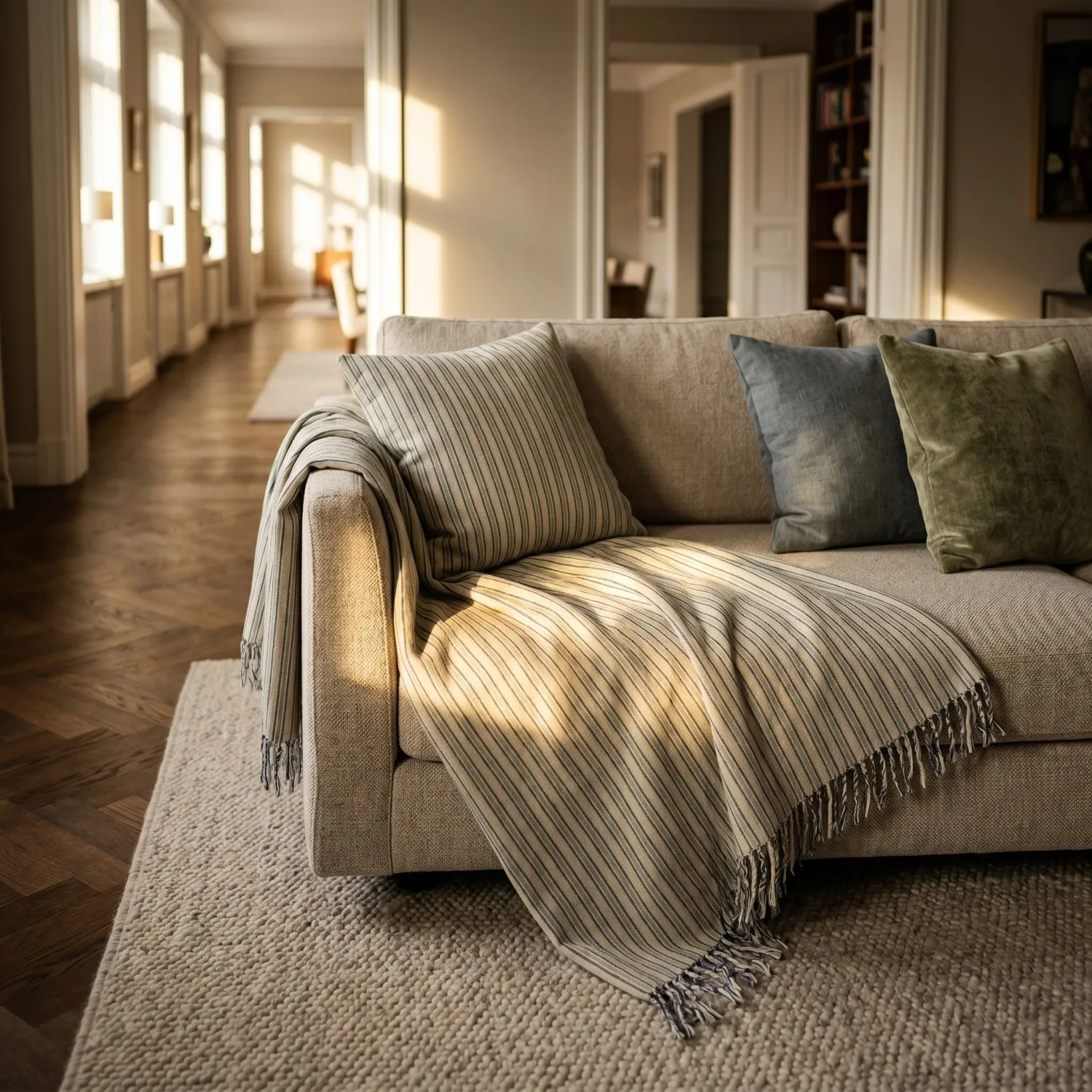 Pledd - Rumi stripe cotton throw (kremfarget/marineblå/lys grønn)