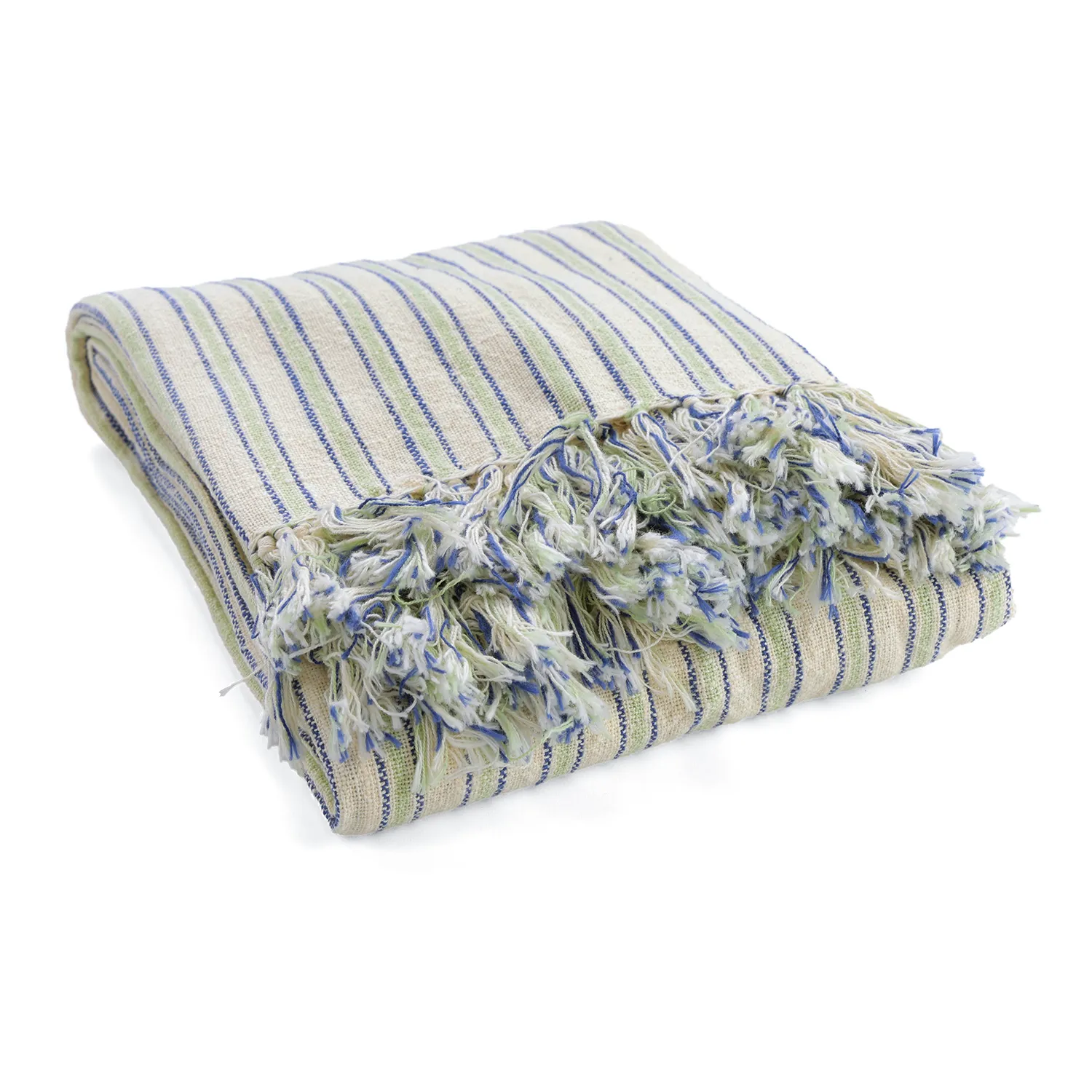 Pledd - Rumi stripe cotton throw (kremfarget/marineblå/lys grønn)