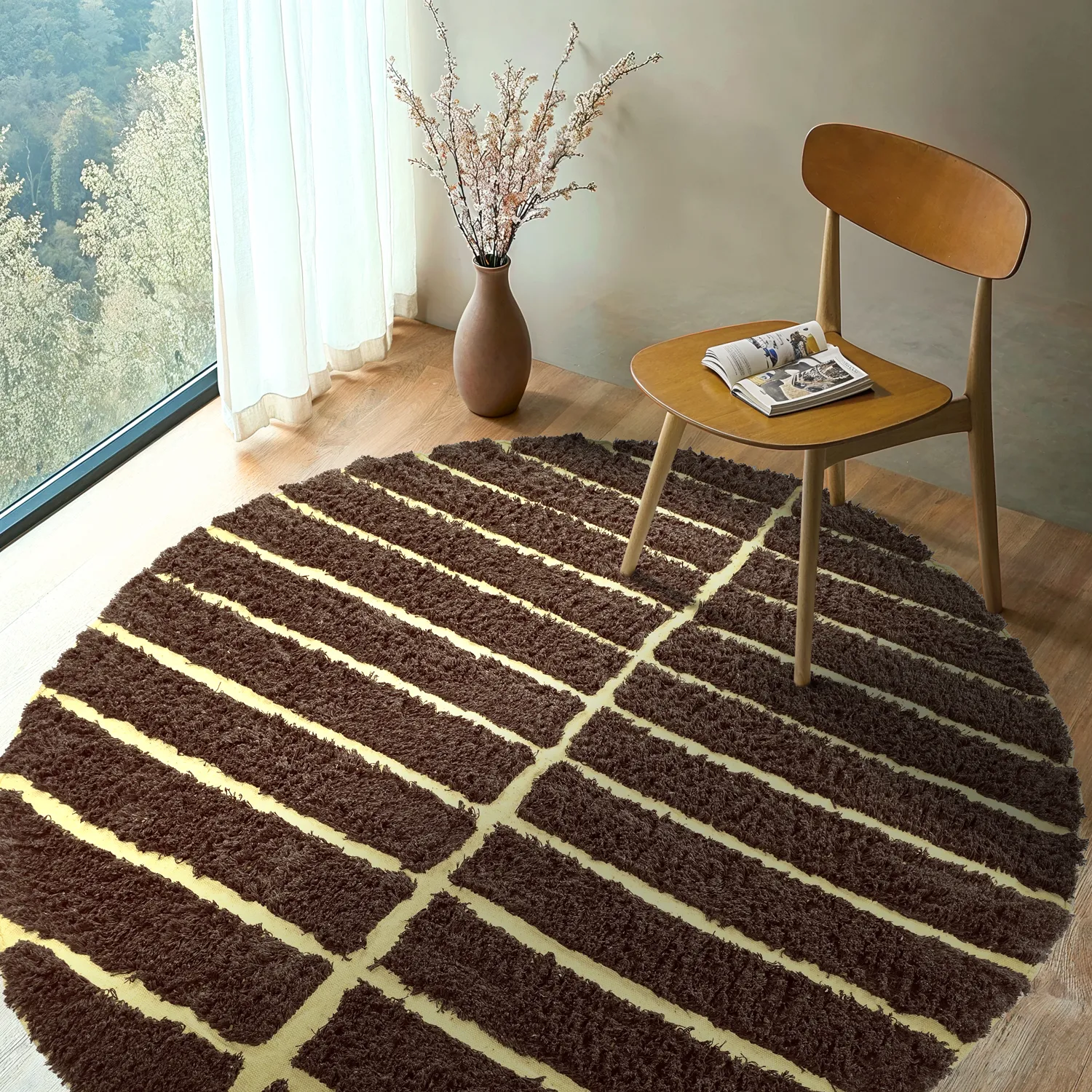 Rundt teppe - Ikara Natural Cotton Shaggy (brun)