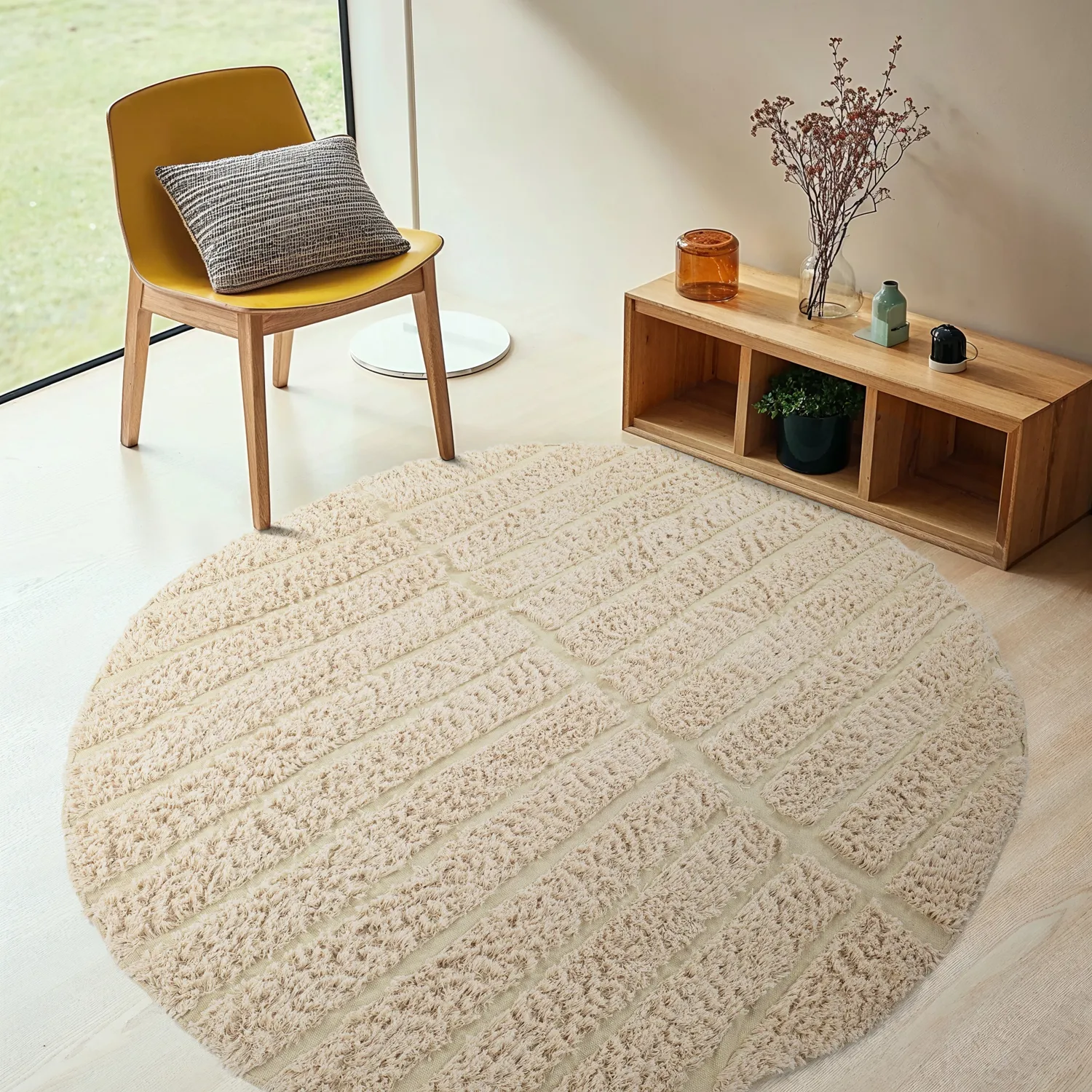Rundt teppe - Ikara Natural Cotton Shaggy (krem)