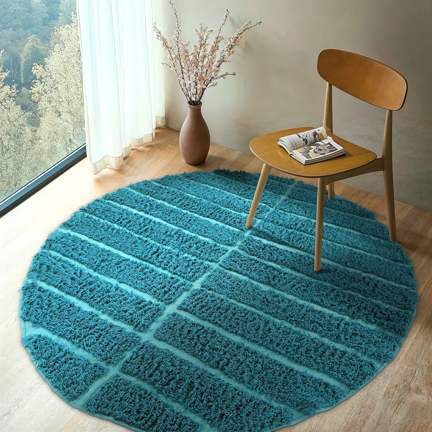 Rundt teppe - Ikara Natural Cotton Shaggy (turkis)