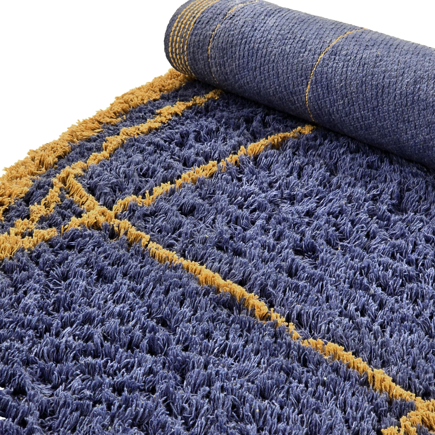 Rundt teppe - Lana Natural Cotton Shaggy (blå/gul)