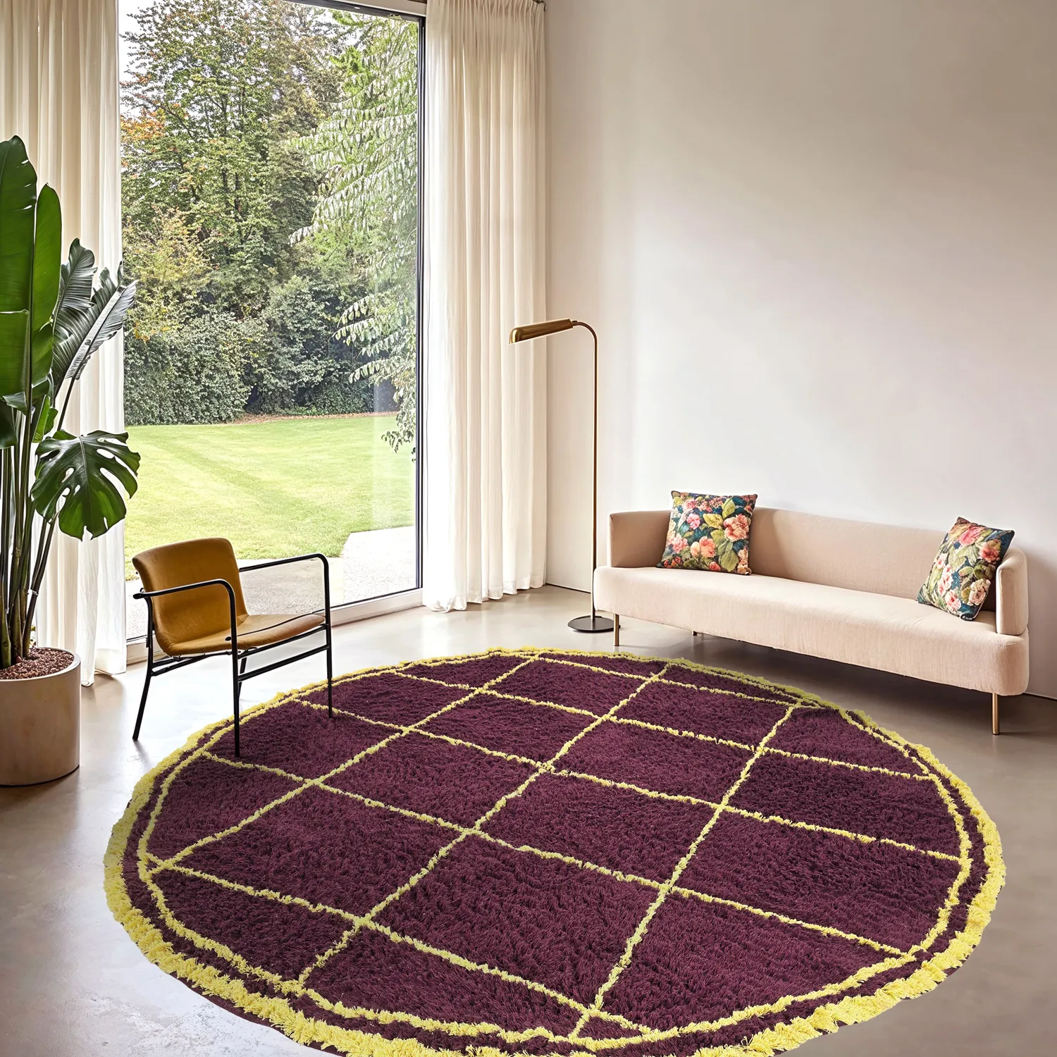 Rundt teppe - Lana Natural Cotton Shaggy (burgunder/gul)