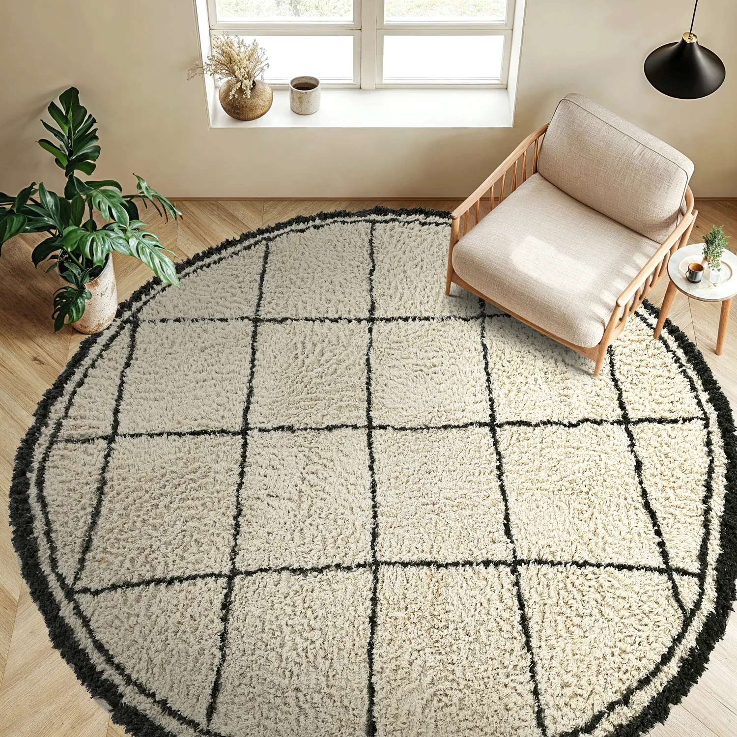 Rundt teppe - Lana Natural Cotton Shaggy (krem/mørk grå)