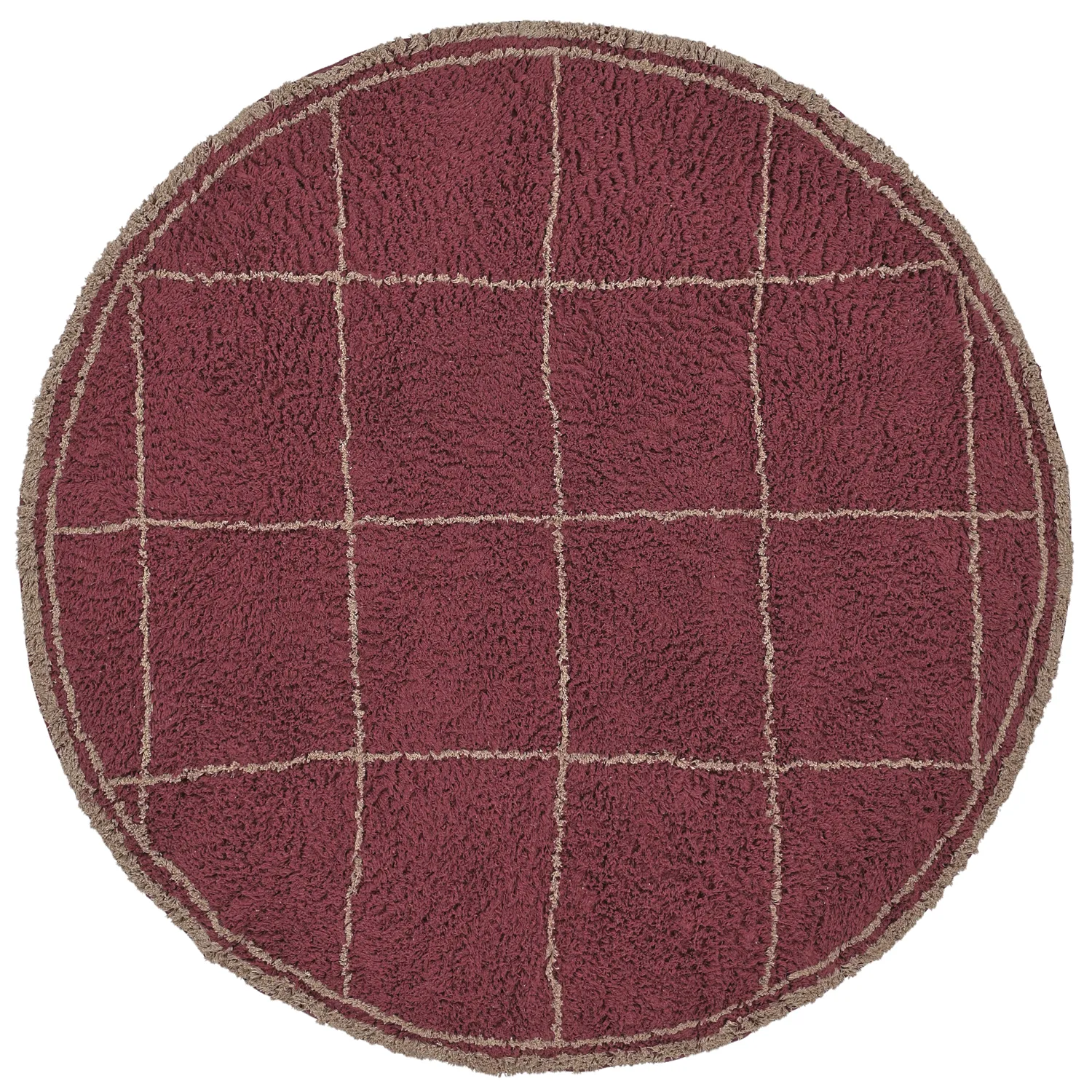 Rundt teppe - Lana Natural Cotton Shaggy (taupe/rød)