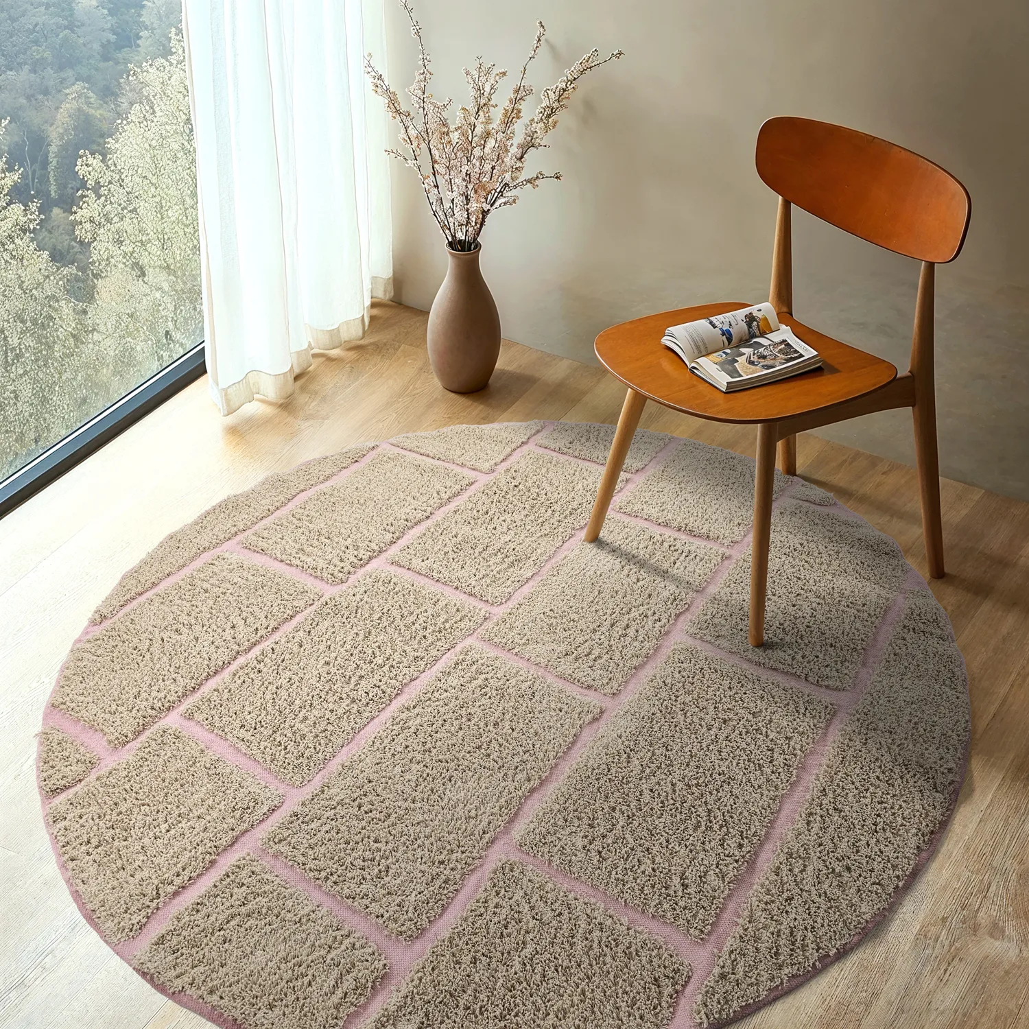 Runde tepper - Lindley Natural Cotton Shaggy (beige/rosa)