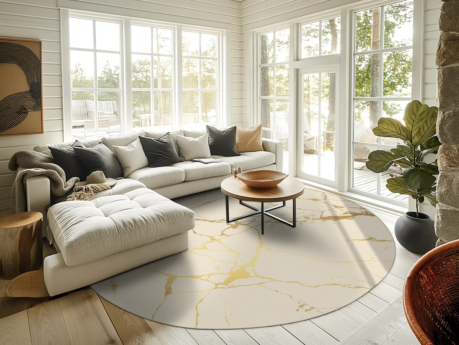 Rundt teppe - Vieste (beige/gull)