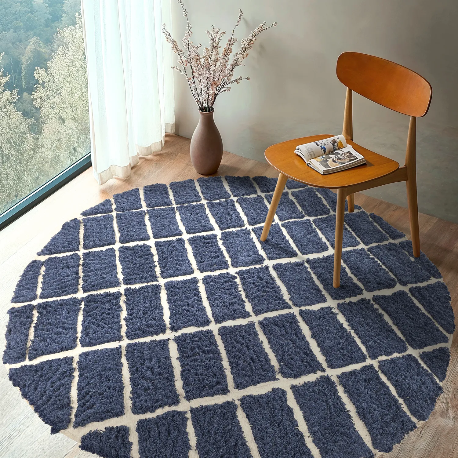 Rundt teppe - Zola Natural Cotton Shaggy (blå)