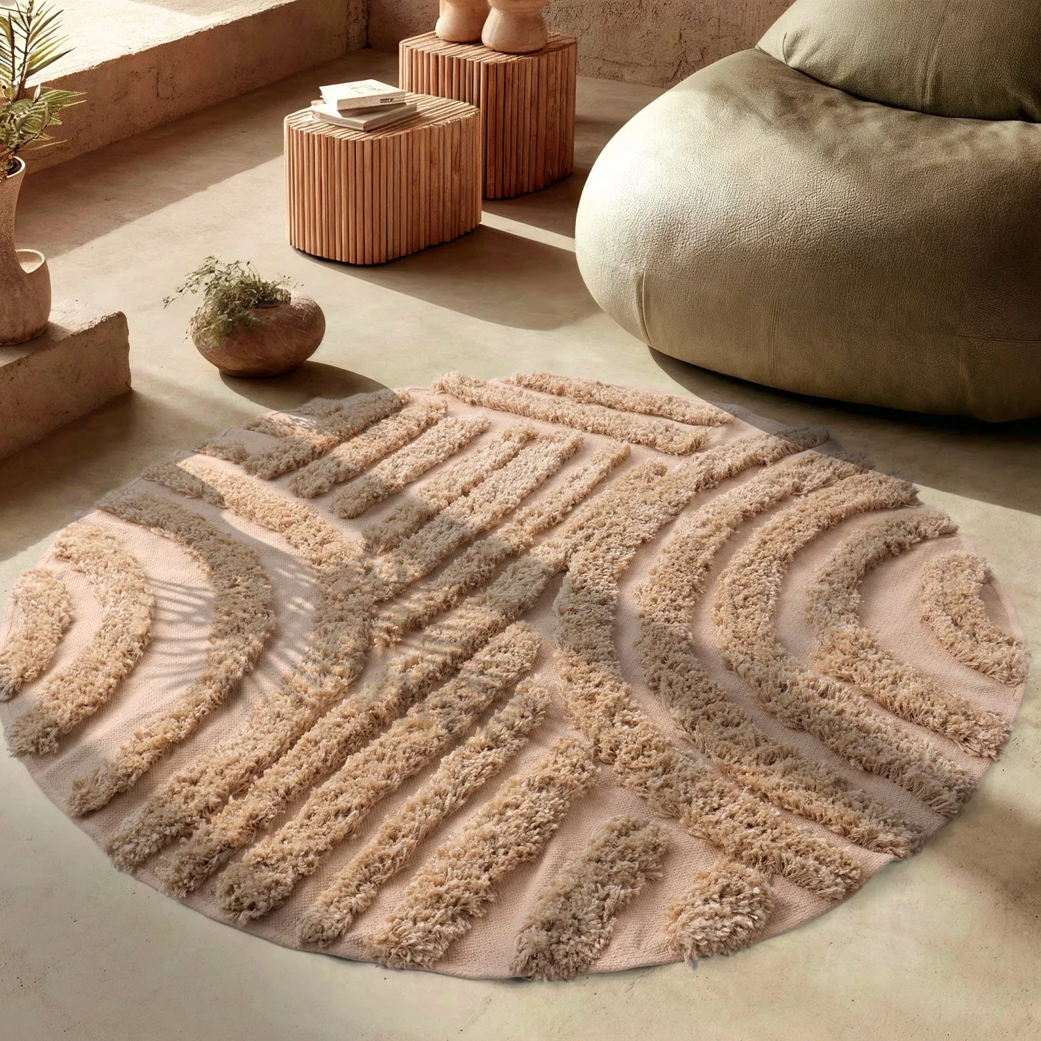 Rundt teppe - Cazorla Natural Cotton Shaggy (beige)