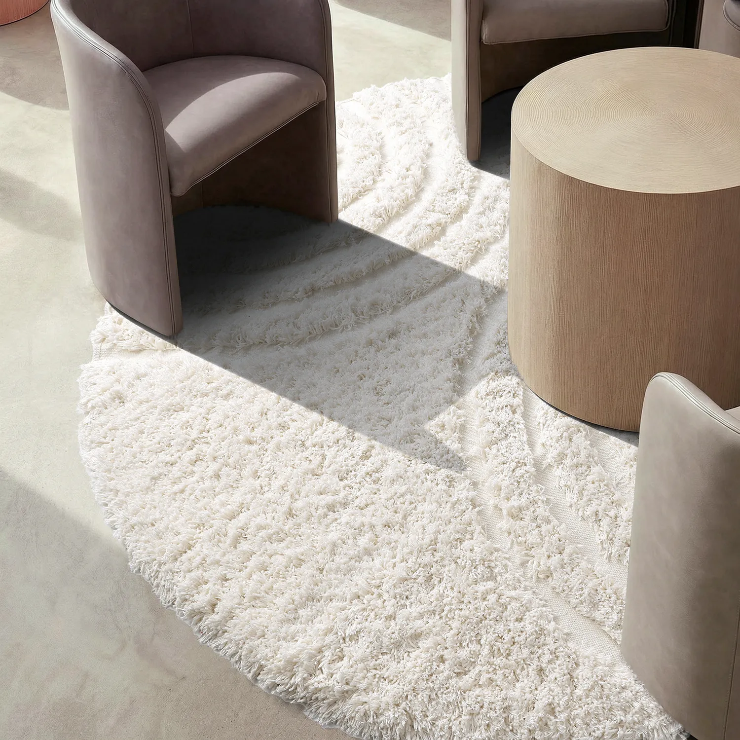 Rundt teppe - Lindos Natural Cotton Shaggy (hvit)