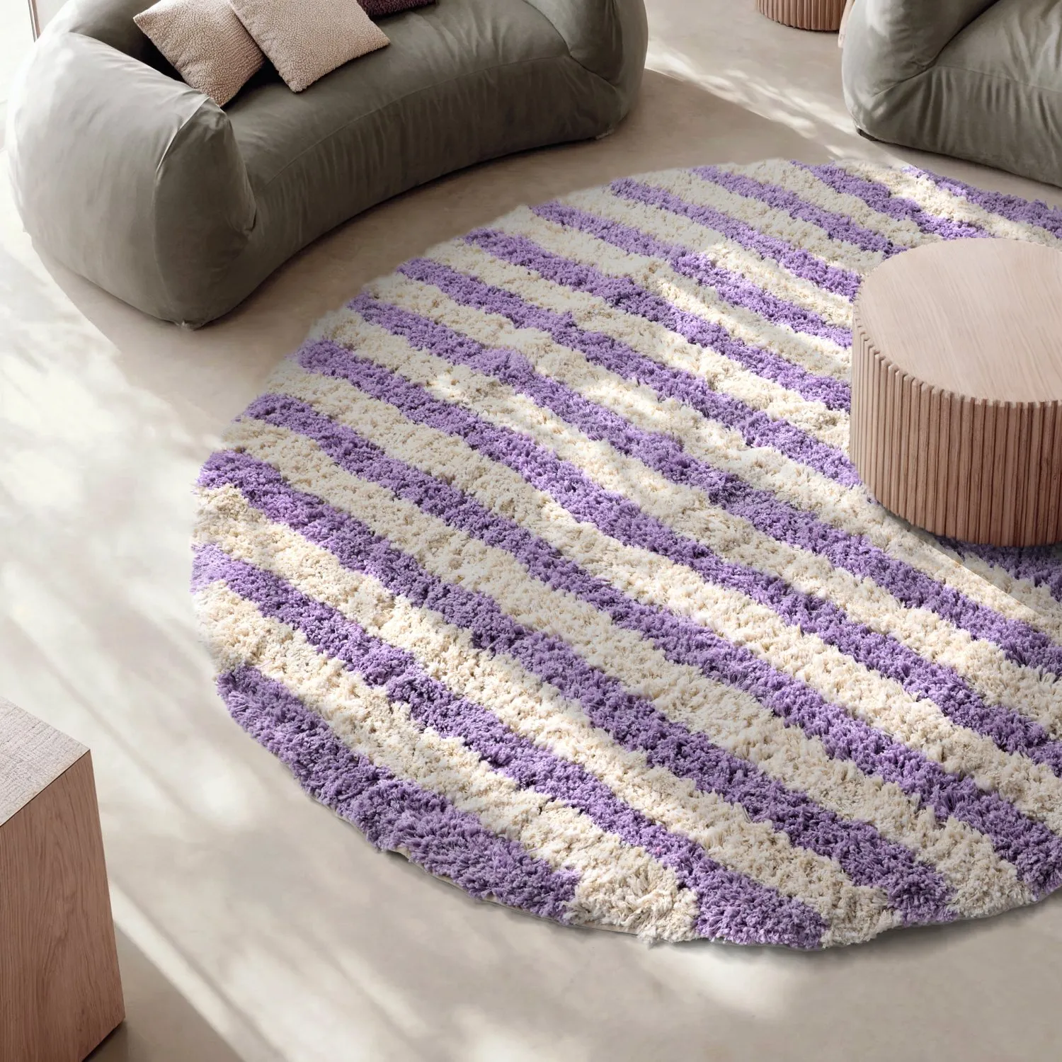 Rundt teppe - Thira Stripe Cotton Shaggy (krem/lys lilla)