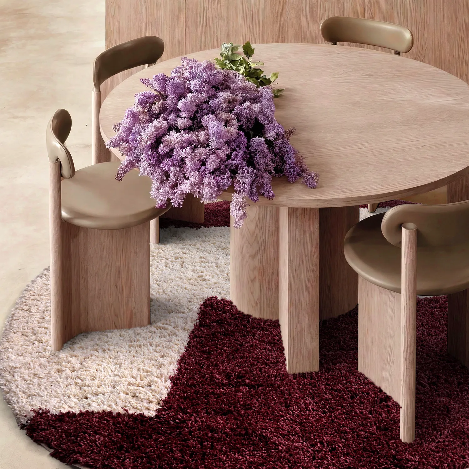 Rundt teppe - Begur Natural Cotton Shaggy (offwhite/vinrød)