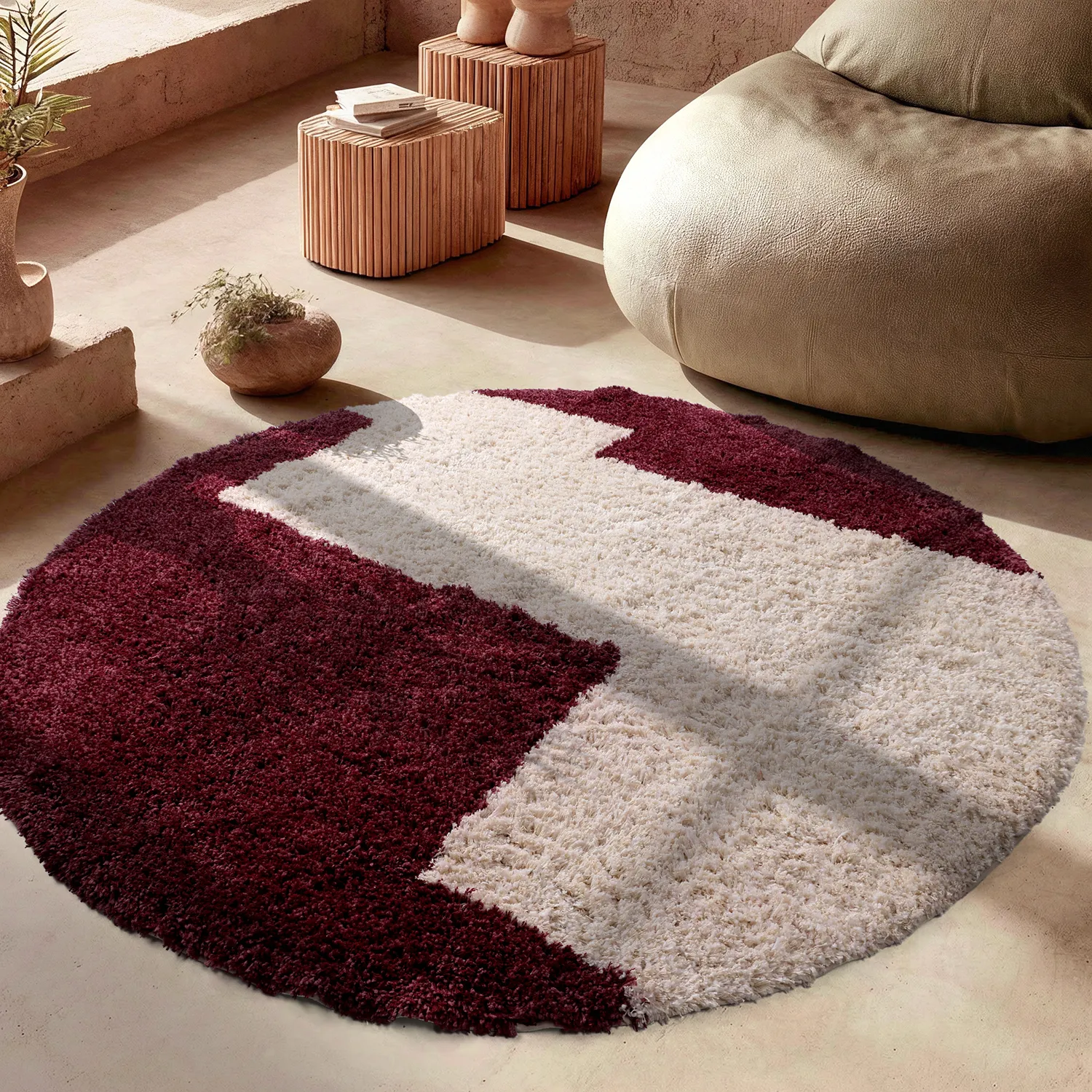 Rundt teppe - Begur Natural Cotton Shaggy (offwhite/vinrød)
