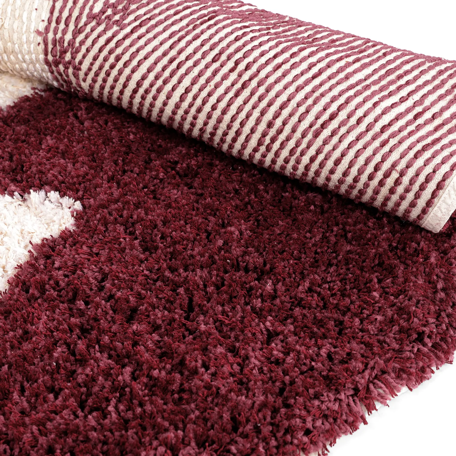 Rundt teppe - Begur Natural Cotton Shaggy (offwhite/vinrød)