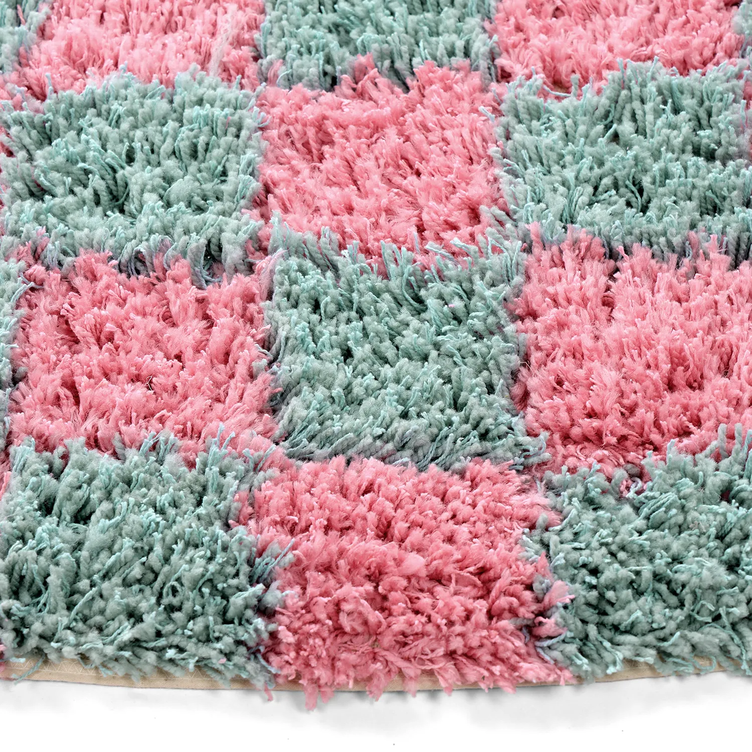 Rundt teppe - Methoni Check Cotton Shaggy (lyseblå/lyserosa)