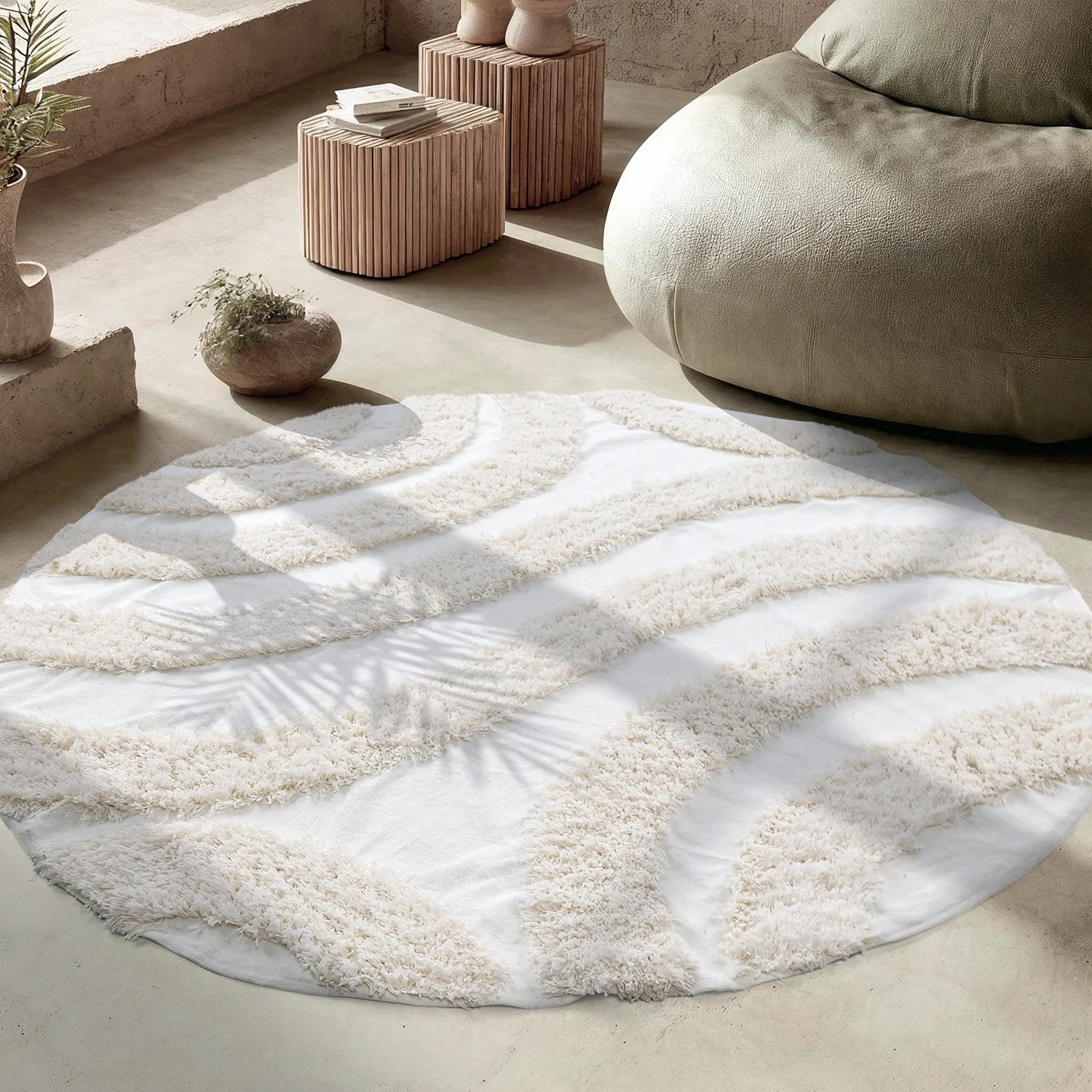 Rundt teppe - Sivota Natural Cotton Shaggy (off-white)