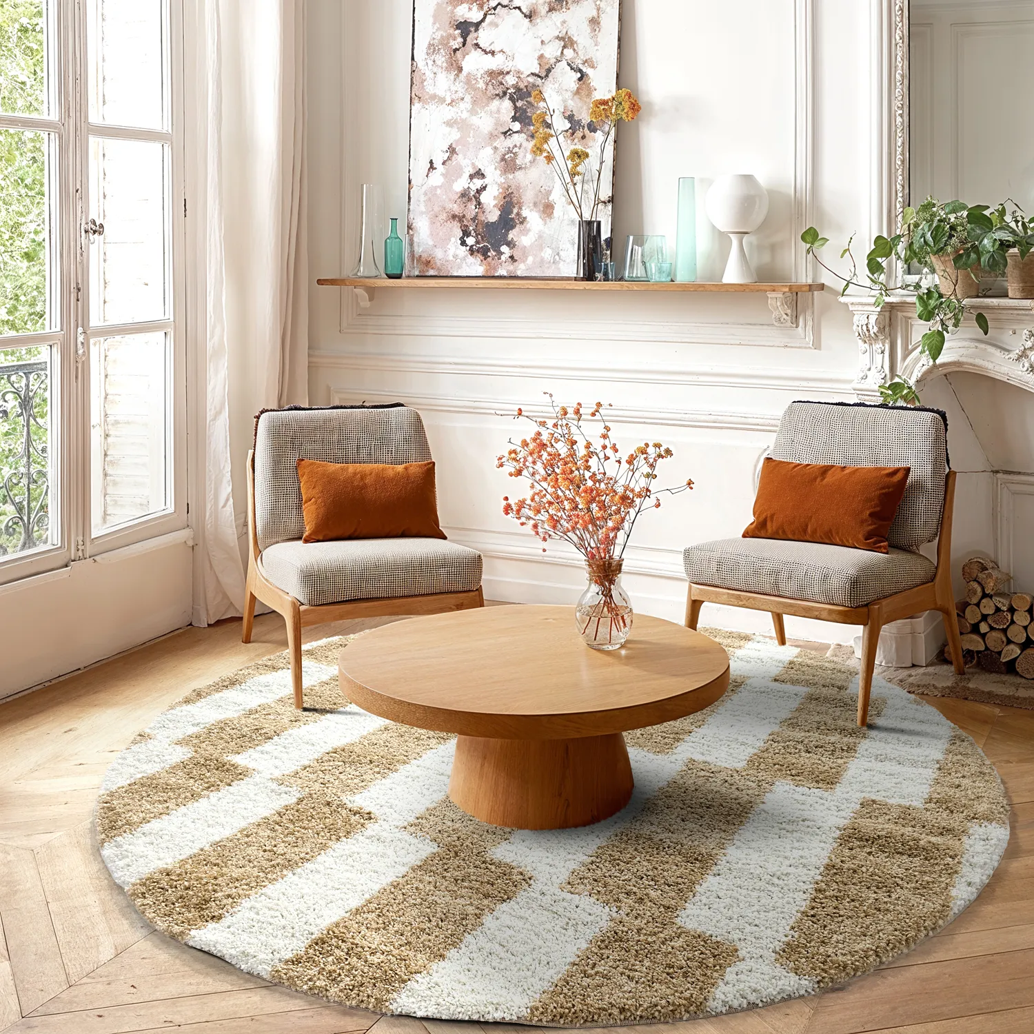 Runde tepper - Tamri (beige/hvit)