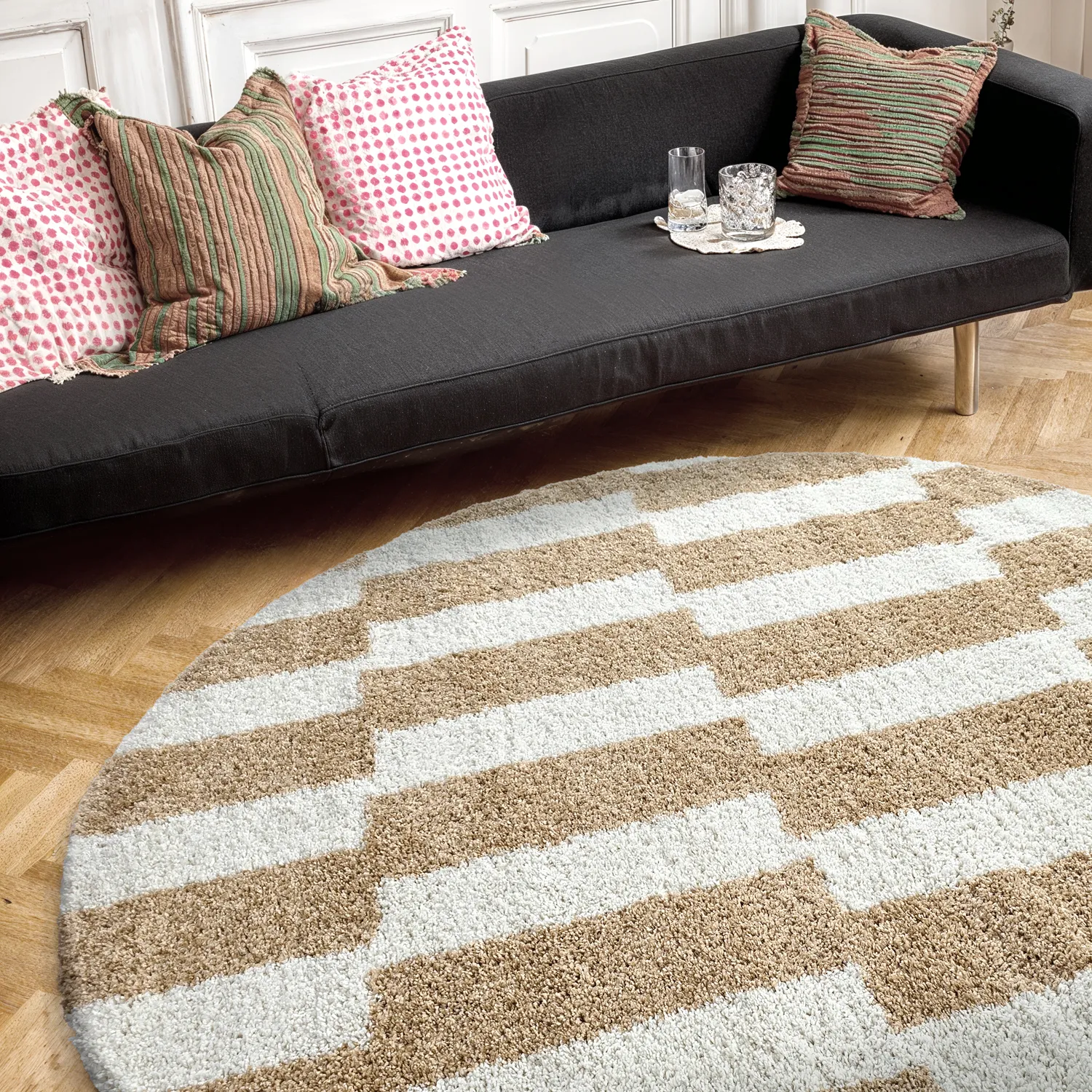 Runde tepper - Tamri (beige/hvit)