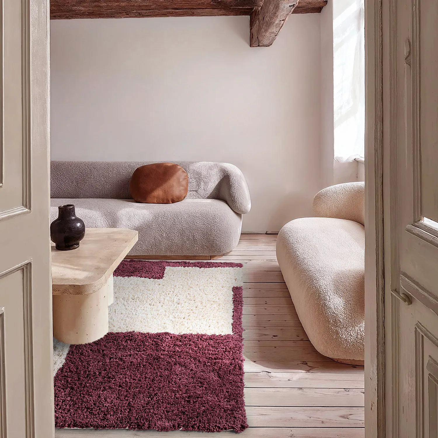 Ryetepper - Begur Natural Cotton Shaggy (offwhite/vinrød)