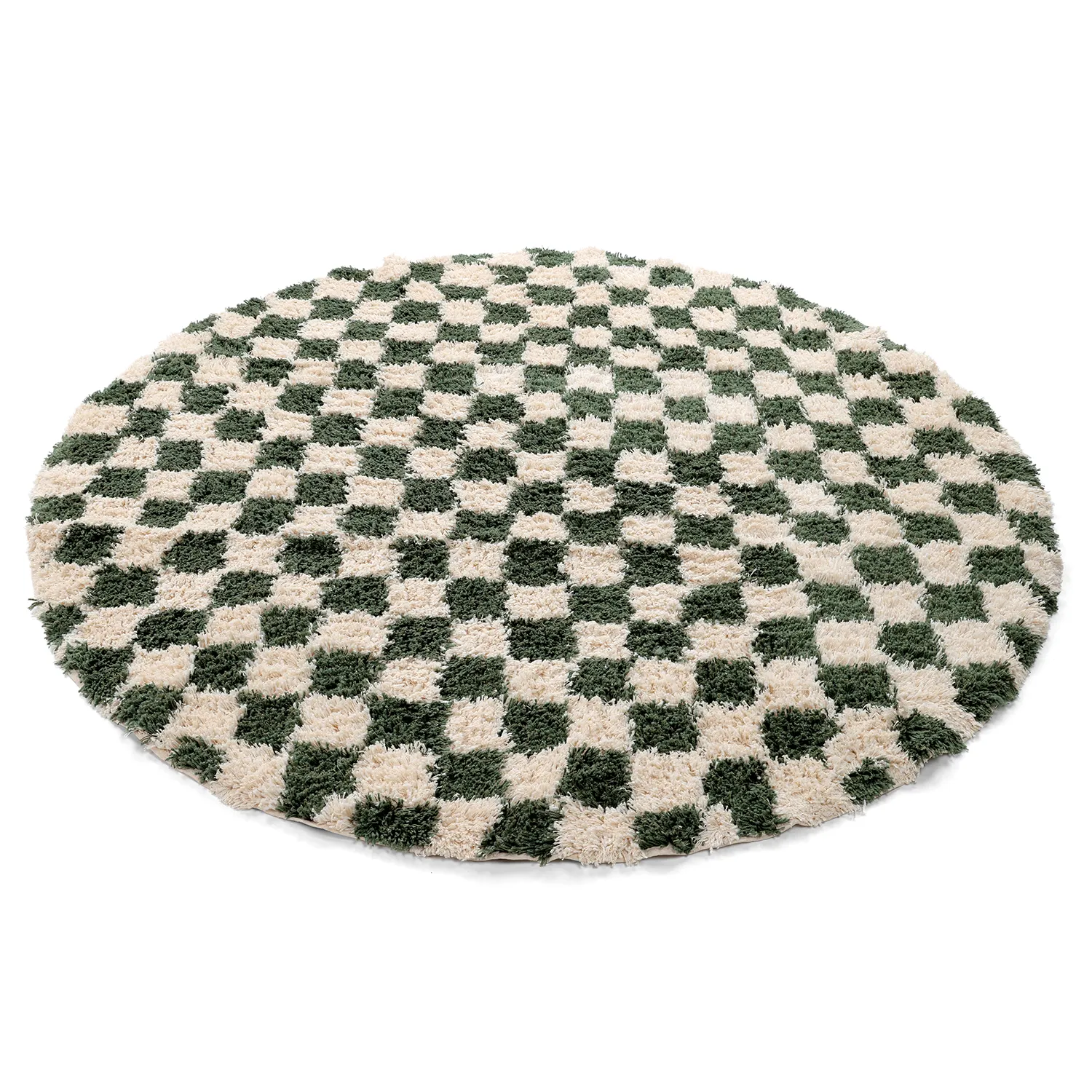 Rundt teppe - Methoni Check Cotton Shaggy (krem/grønn)