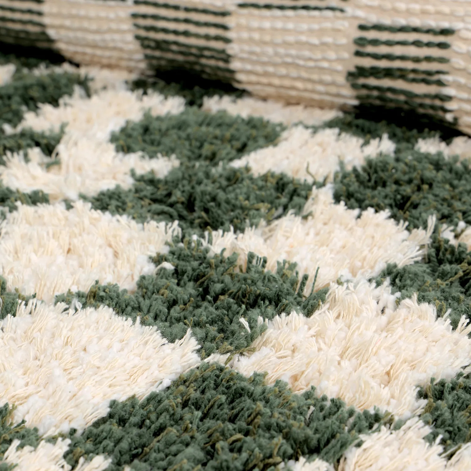 Rundt teppe - Methoni Check Cotton Shaggy (krem/grønn)