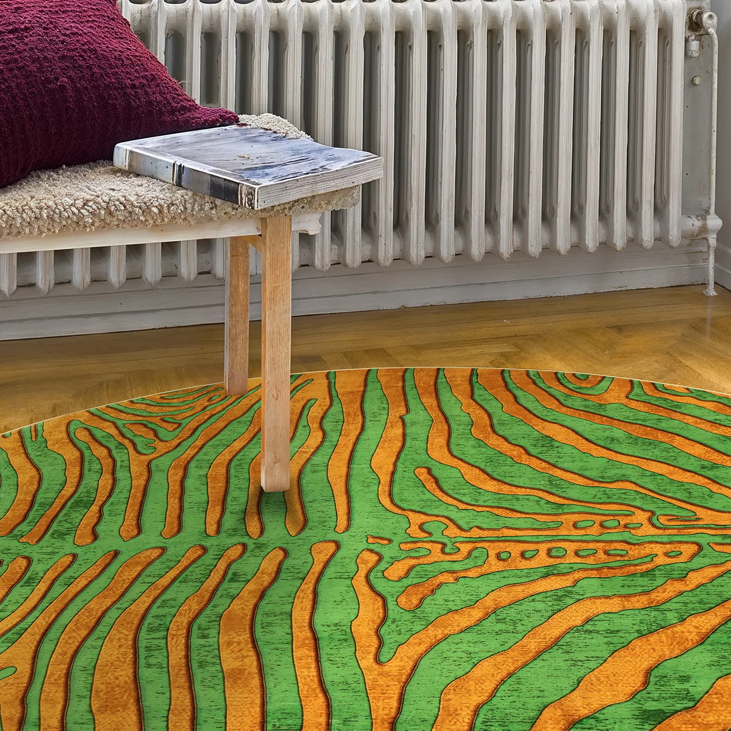 Rundt teppe - Zebra (grønn/oransje)